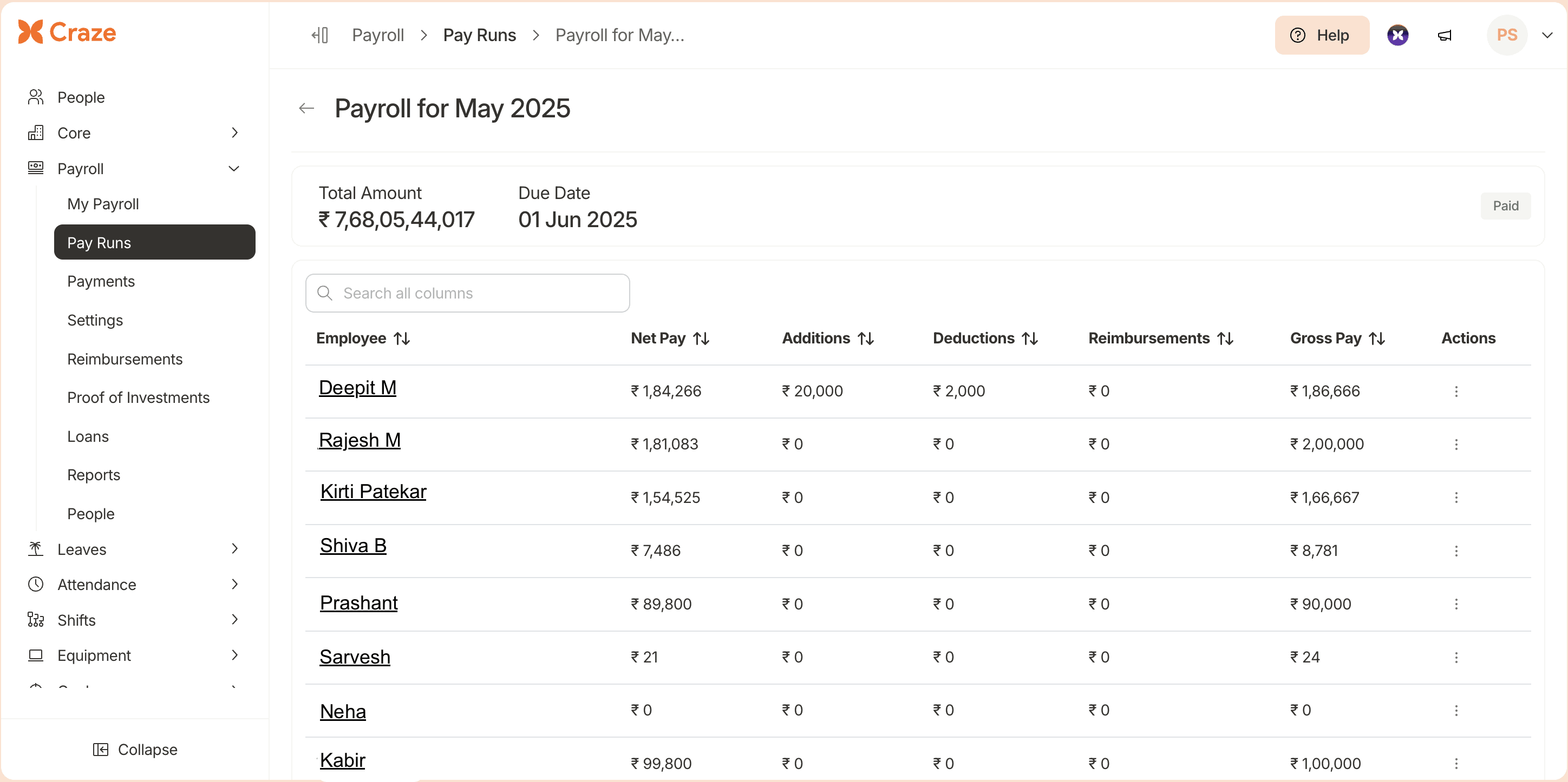 Craze payroll product dashboard