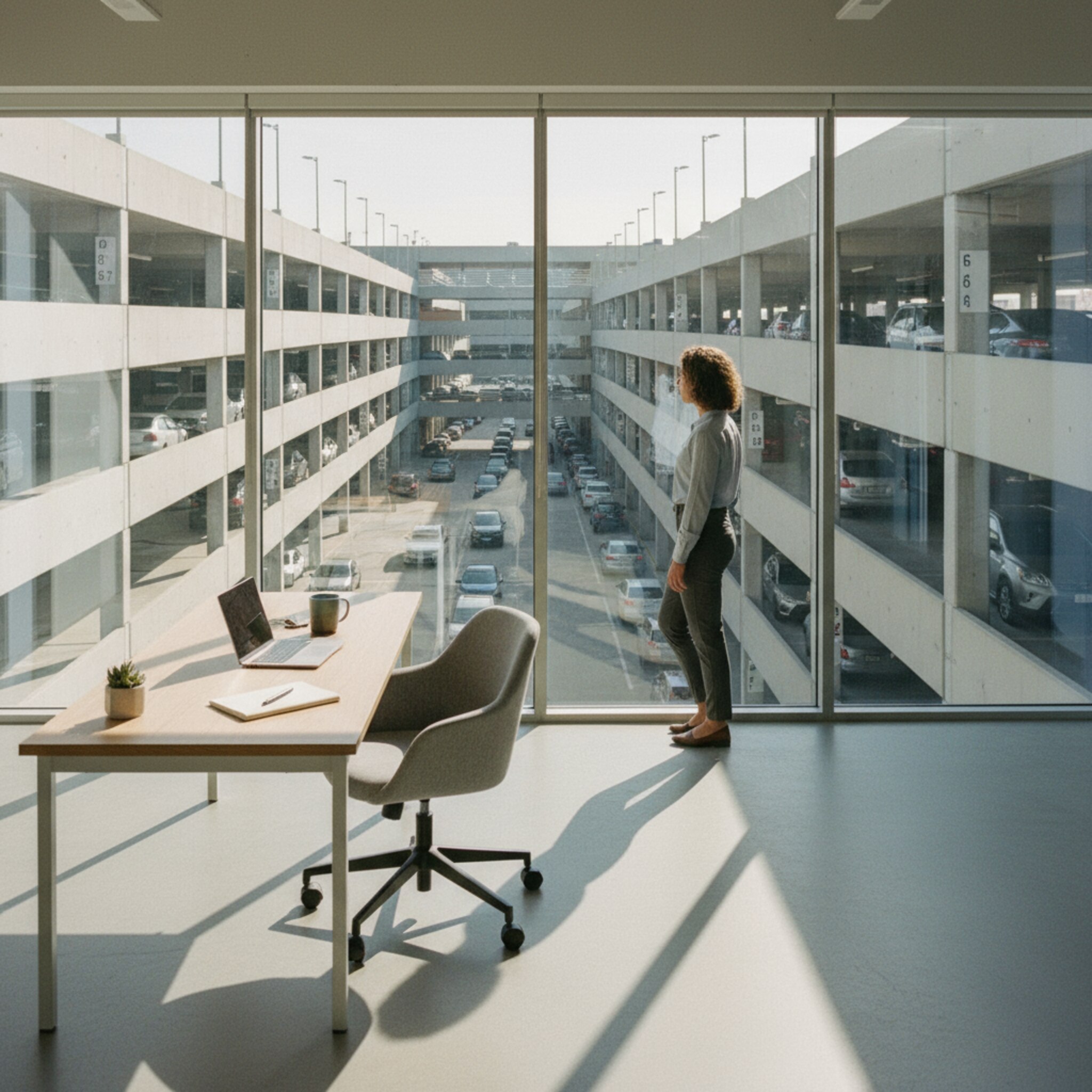 Ein ruhiges Büro mit Blick auf ein Parkdeck hinter Glas. Fahrzeuge kommen und gehen gleichmäßig, das Tageslicht zeichnet klare Linien. Eine Person beobachtet gelassen den Fluss und gewinnt Übersicht über den Betrieb. Die Szene vermittelt Kontrolle und Klarheit.
