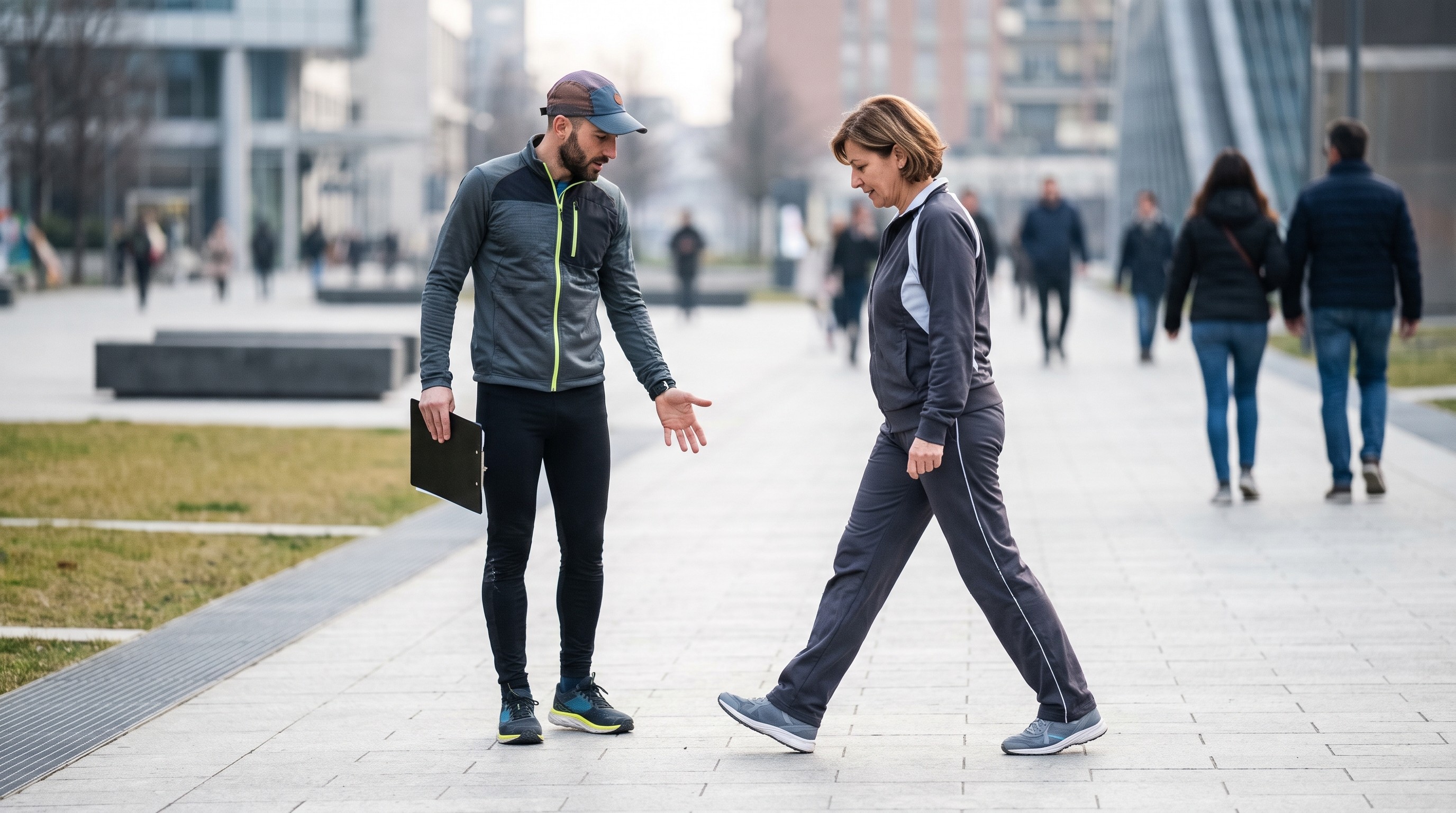 Istruttore Walking AIF analizza la meccanica del passo di un cliente su percorso urbano