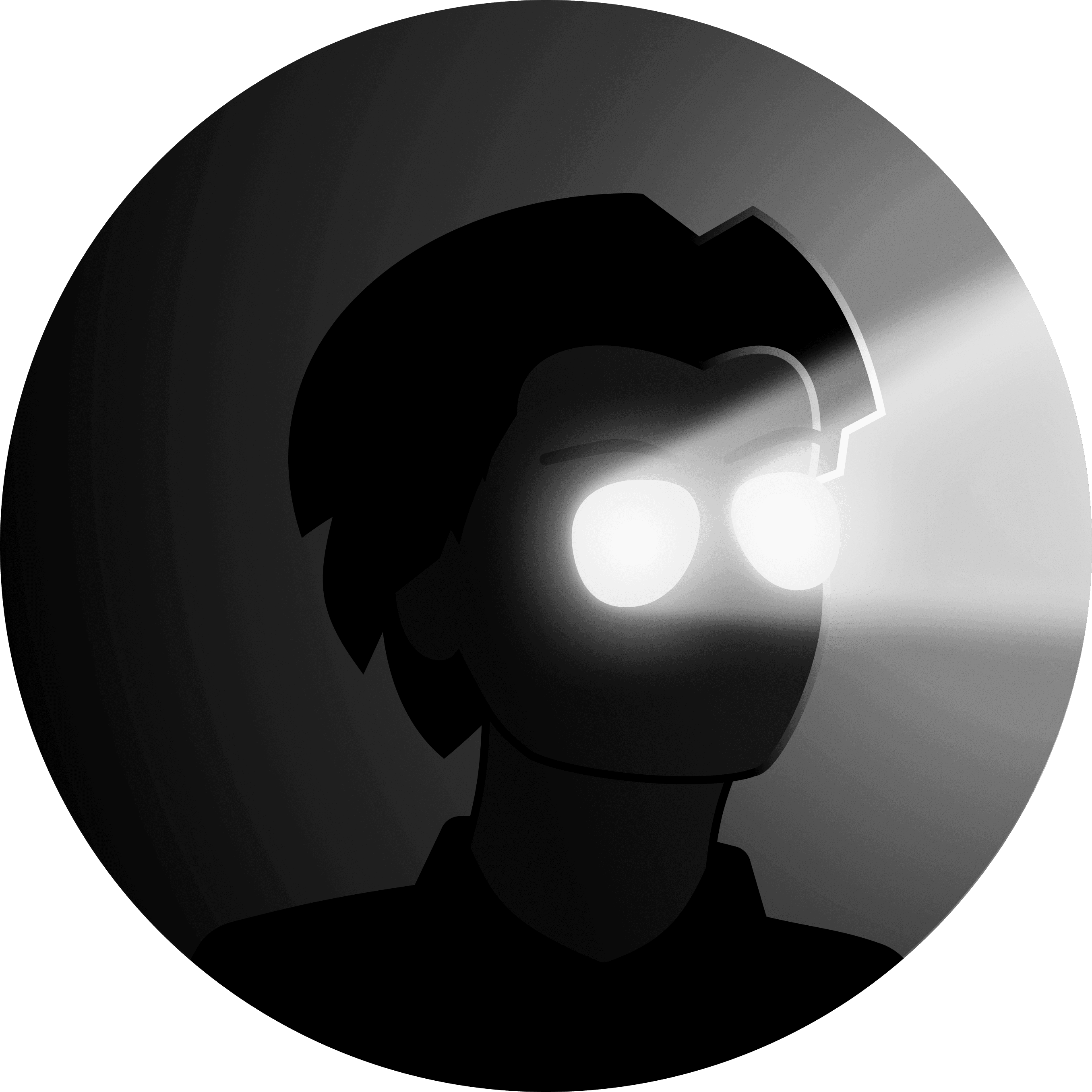 The image displays a simple, minimalist, black and white, bold-lined cartoon-style face with circular glasses. The circular glasses display a greenish to white gradient from the upper right rim towards the lower left rim of the glases, as if reflecting green light.