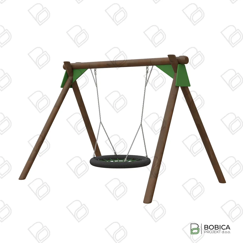 Ljuljačka s velikom pletenom košarom (gnijezdo) na drvenoj konstrukciji za dječja igrališta - BOBICA PROJEKT