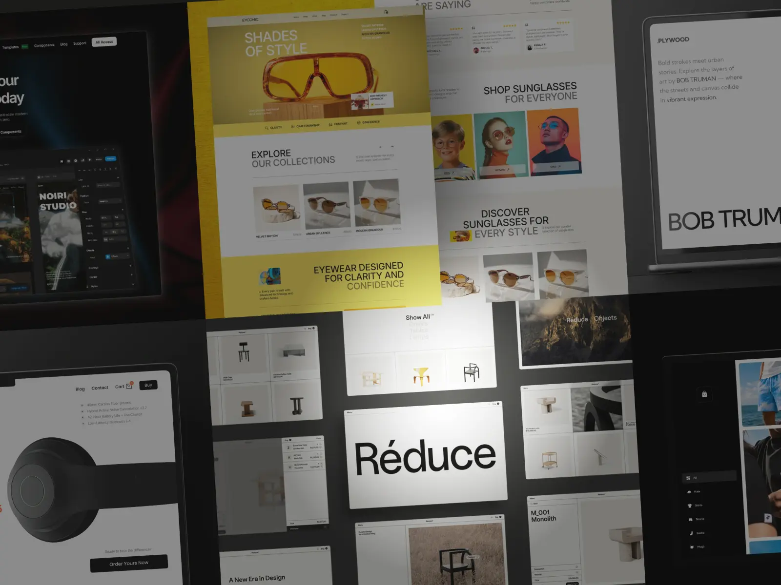 Collage of Framer ecommerce templates showcasing eyewear, furniture, and audio product storefronts.