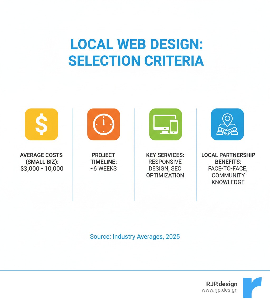 Comprehensive infographic showing local web design service selection criteria including average costs ranging from $3,000-$10,000 for small businesses, typical 6-week project timelines, key services like responsive design and SEO optimization, and benefits of local partnerships such as face-to-face meetings and community market knowledge - web design services near me infographic 