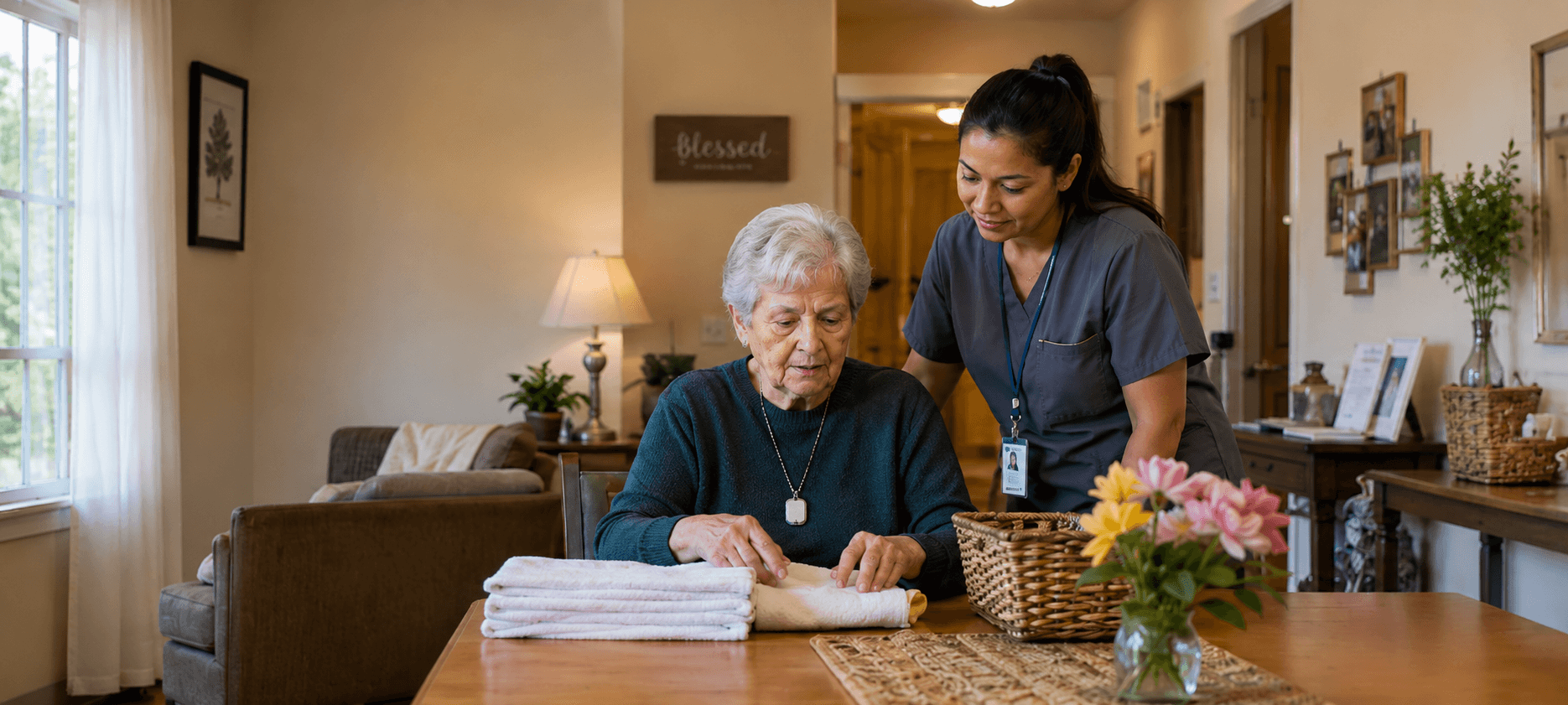 Older resident folding towels at a table with a caregiver nearby in a warm adult family home common area.