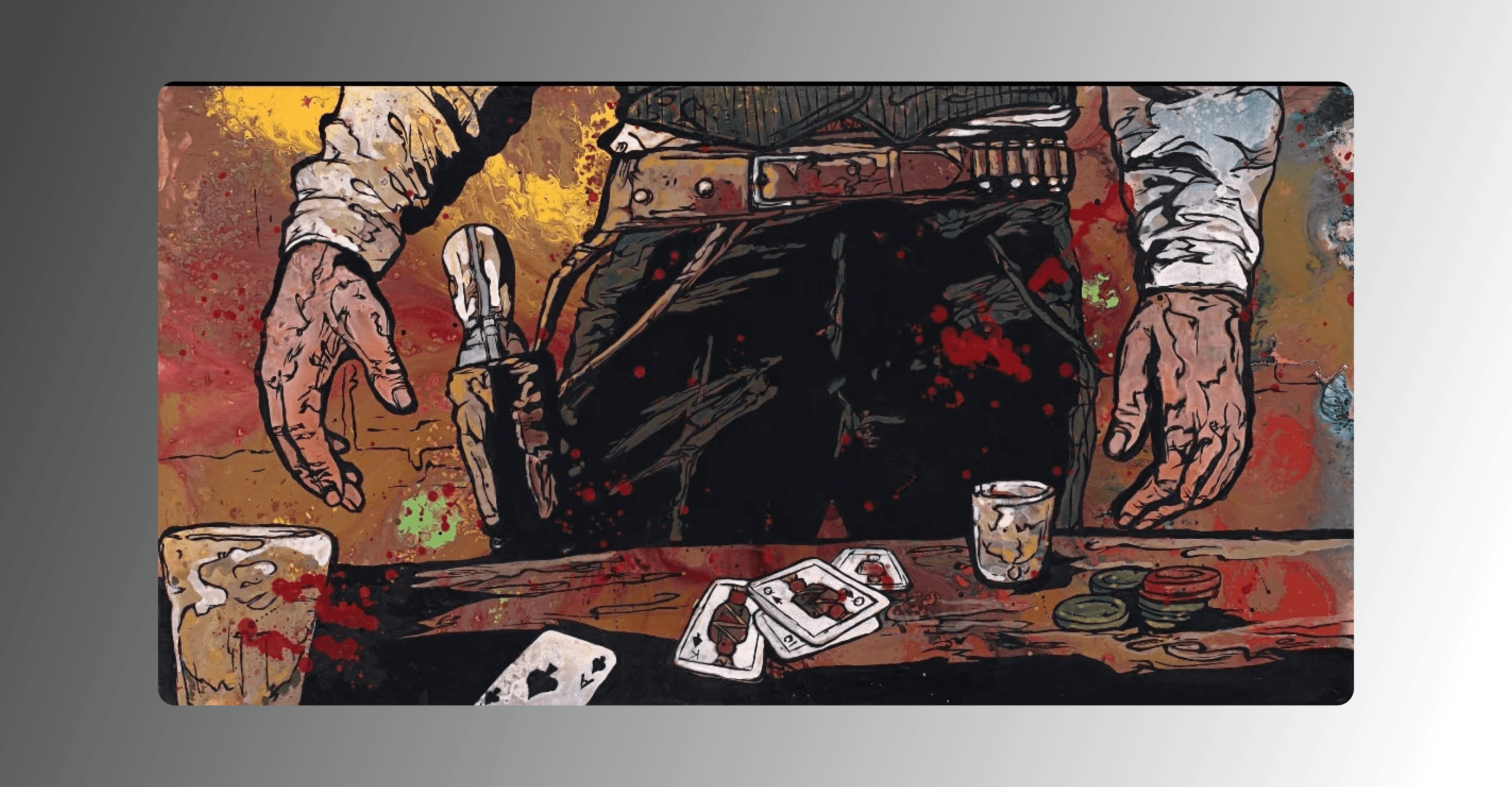 The painting, "Flush" is an image of a man cropped to just the waist standing in front of a set up poker table. The main has his hands at his sides and there is a gun in his holster.