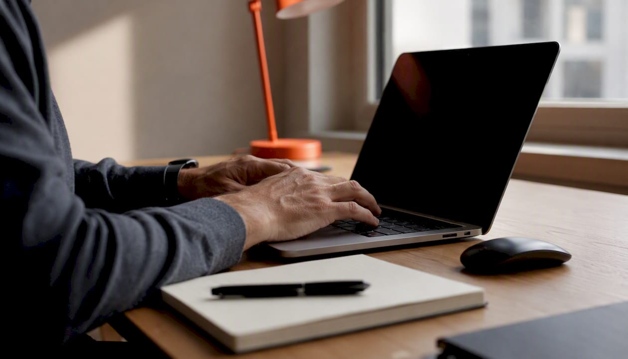Senior engineer's hands typing on laptop keyboard