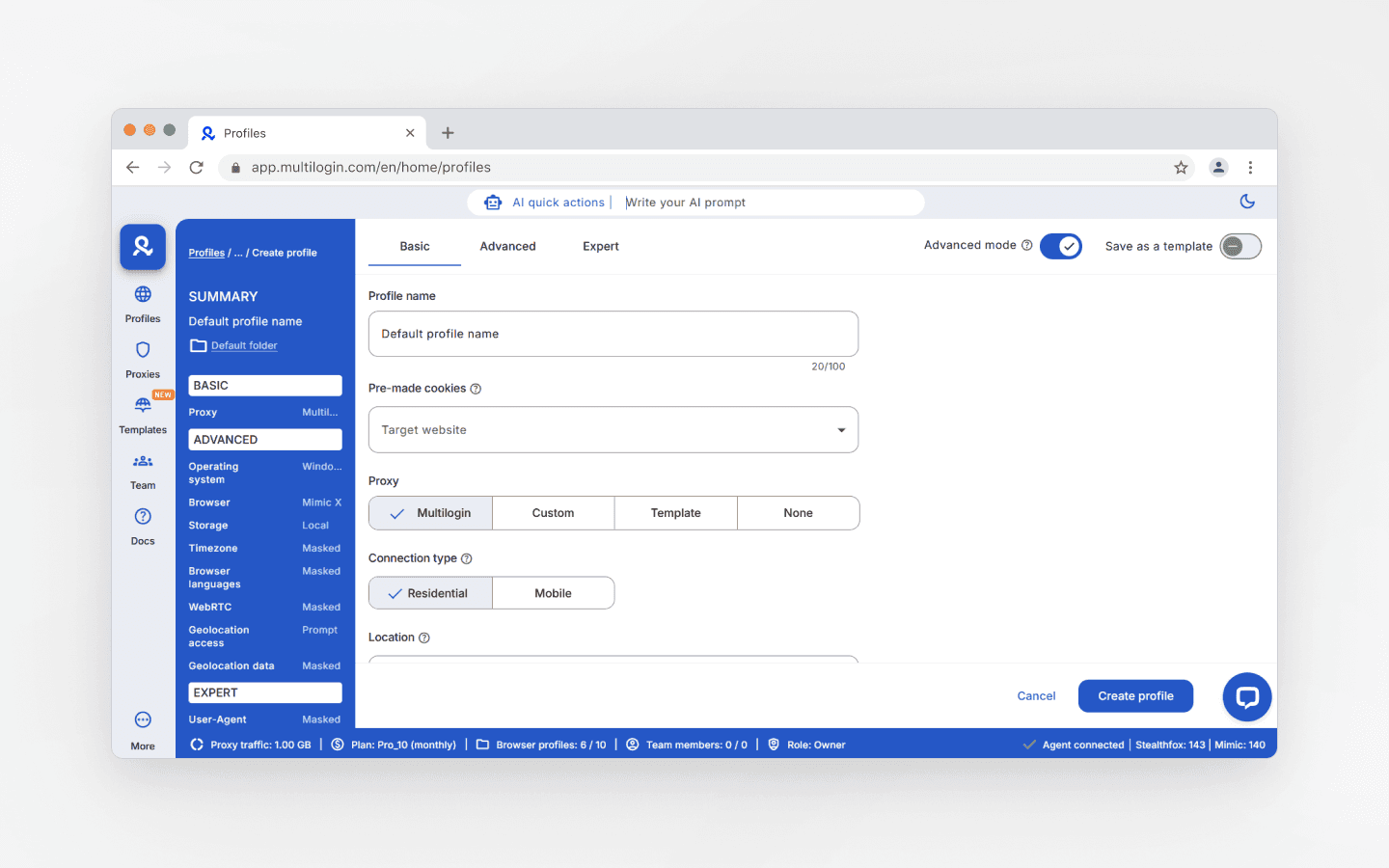 Profile settings in Multilogin X 