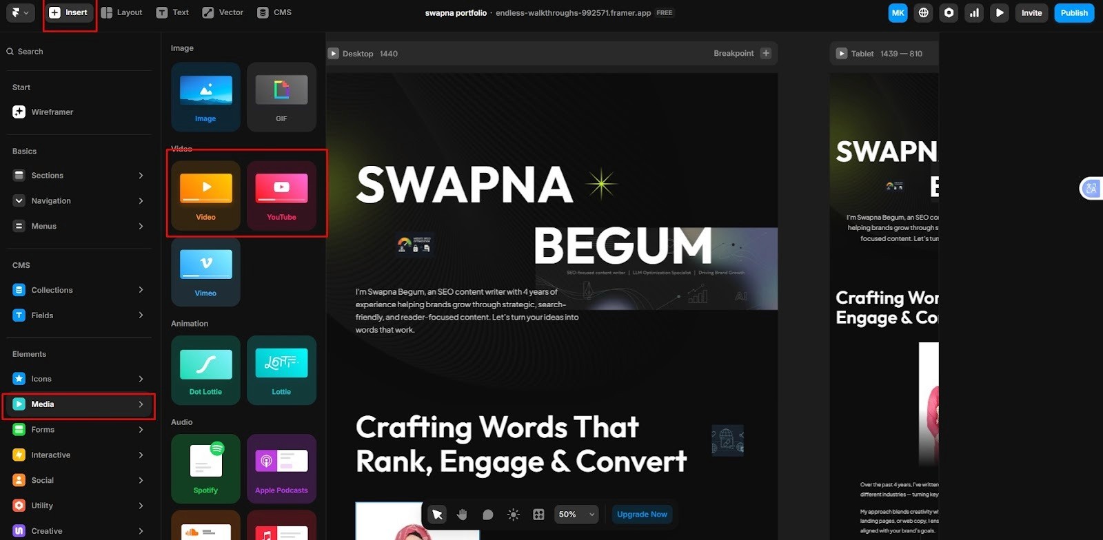 insert the video component from the framer canvas
