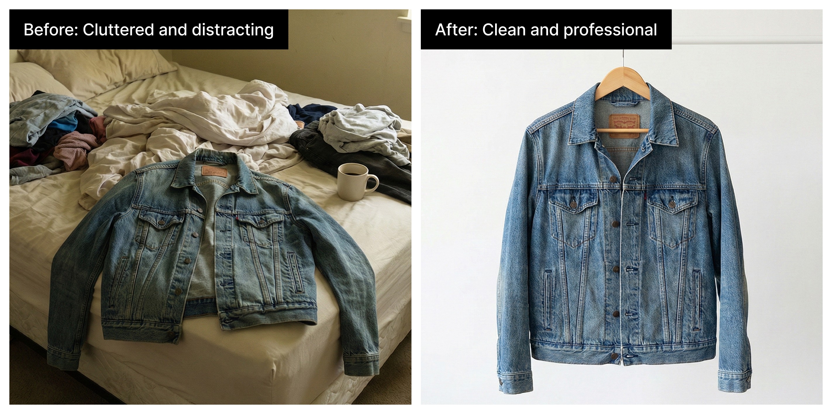 Side-by-side comparison of cluttered versus professional product photography for selling clothing online, showing a denim jacket before and after staging