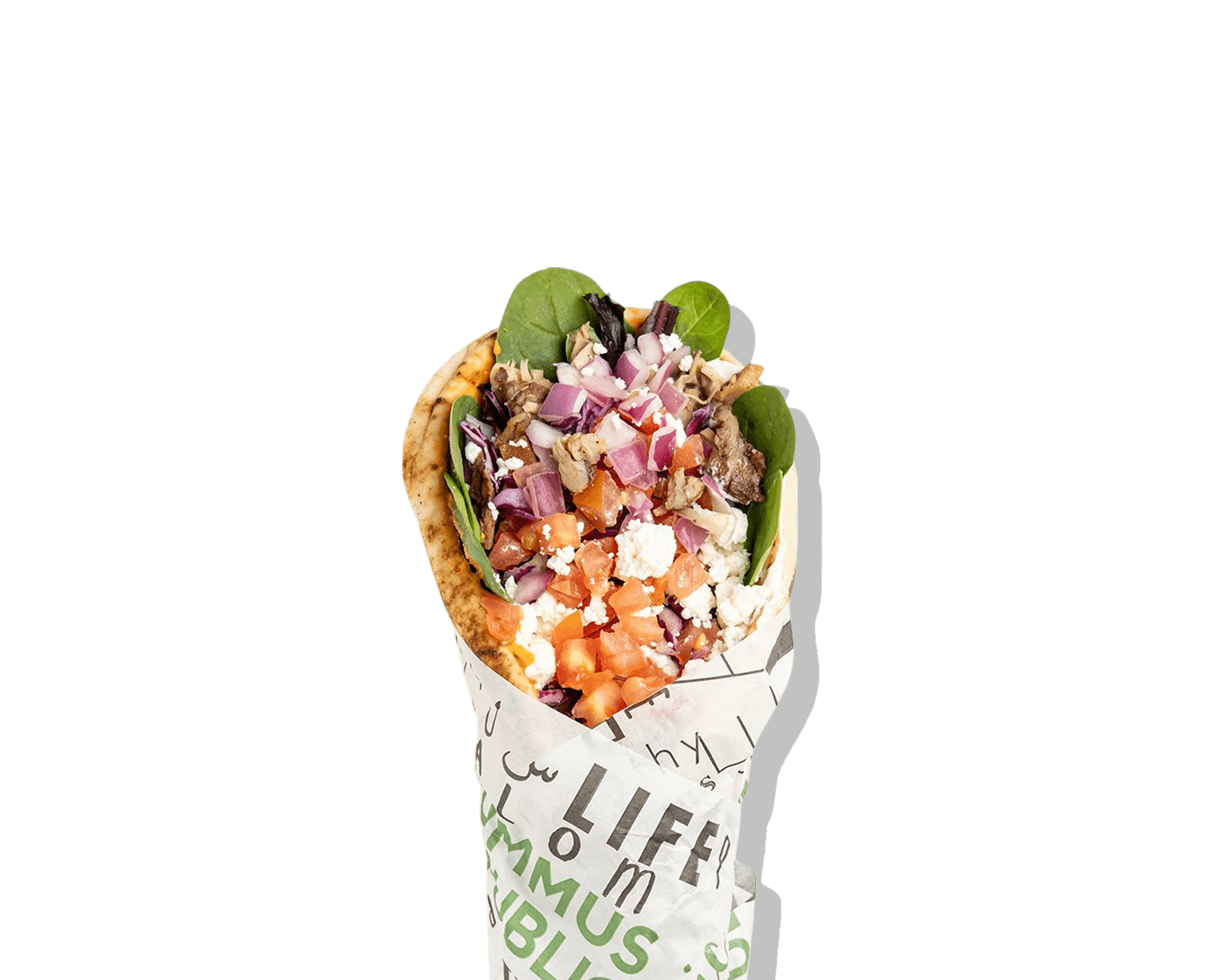 "A fluffy pita bread pocket stuffed with fresh salad, protein, and drizzled tahini sauce."