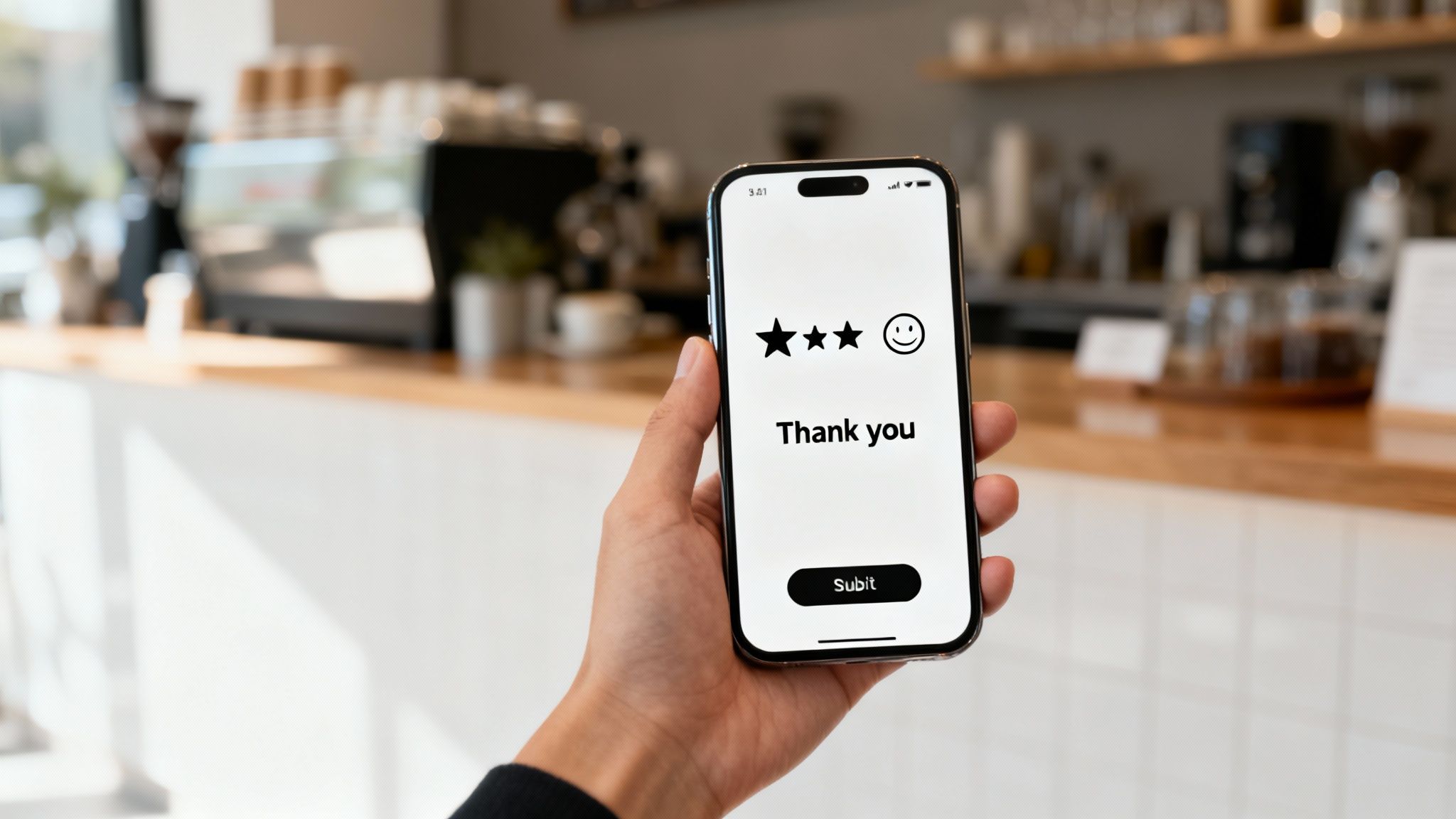 A hand holds a smartphone displaying a customer satisfaction survey with three stars, a smiley face, and 'Thank you'.