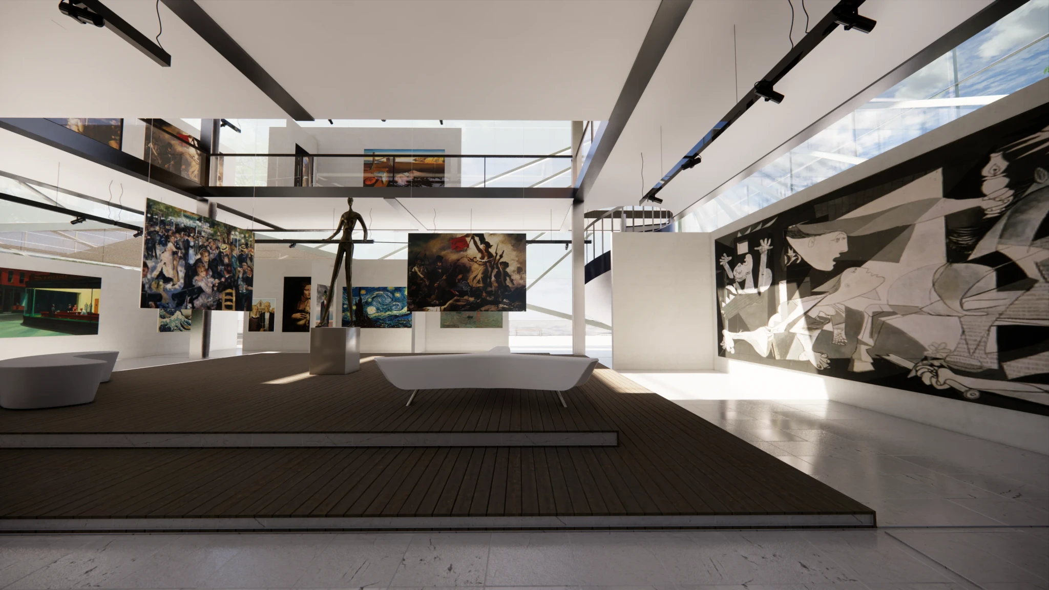 An art gallery with different pictures such as El Guernica from Picasso