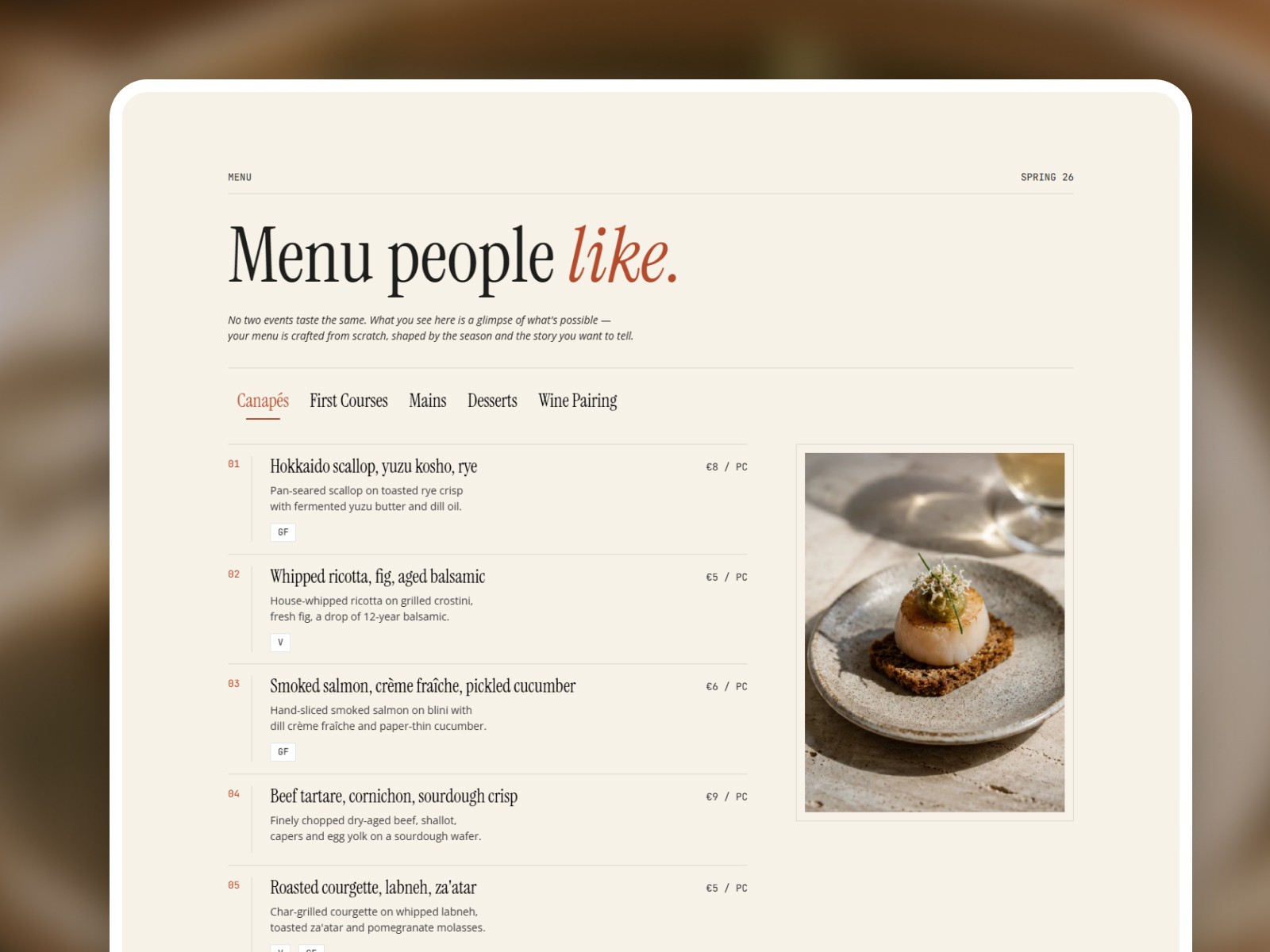 Catered Framer template menu section showing tabbed canapés list with pricing and dietary tags alongside a plated scallop dish photo