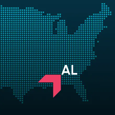 Map highlighting Alabama with a red arrow, representing GIA Group, LLC truck insurance coverage area.