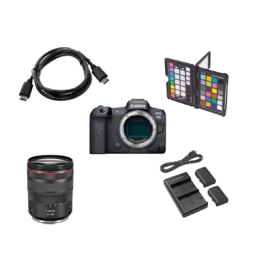 Image contenant tous le matériel présents dans le Pack Digital II : un Canon R5, un Canon 24-105 f/4, un Cable Syncro USB 3.0 TheterTools, un Double Chargeur + deux batteries LP-E6N, une Charte de gris