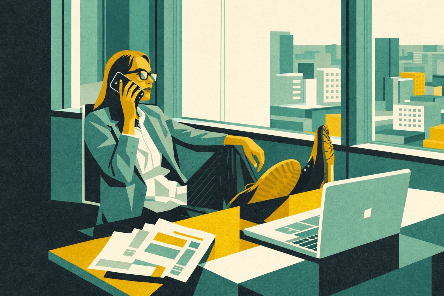 Neo laureata in ufficio al telefono accanto al laptop, tipica situazione di inserimento lavorativo e prime responsabilità professionali.