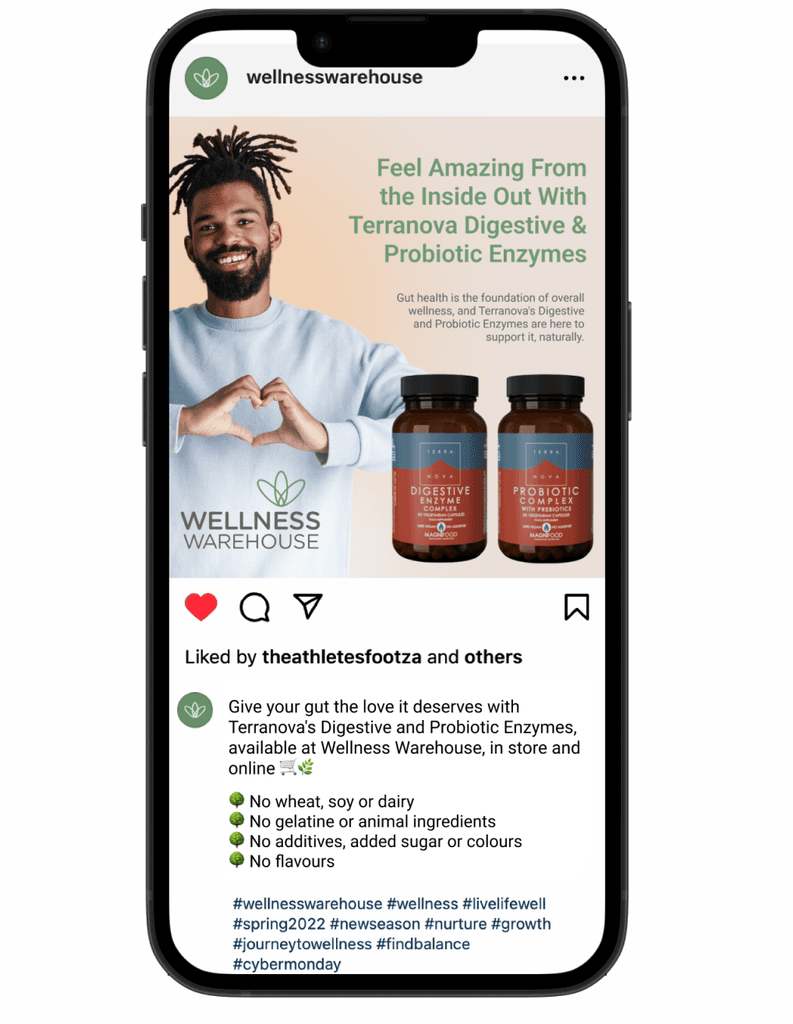 Phone screen showing Wellness Warehouse Terranova Supplements digital campaign