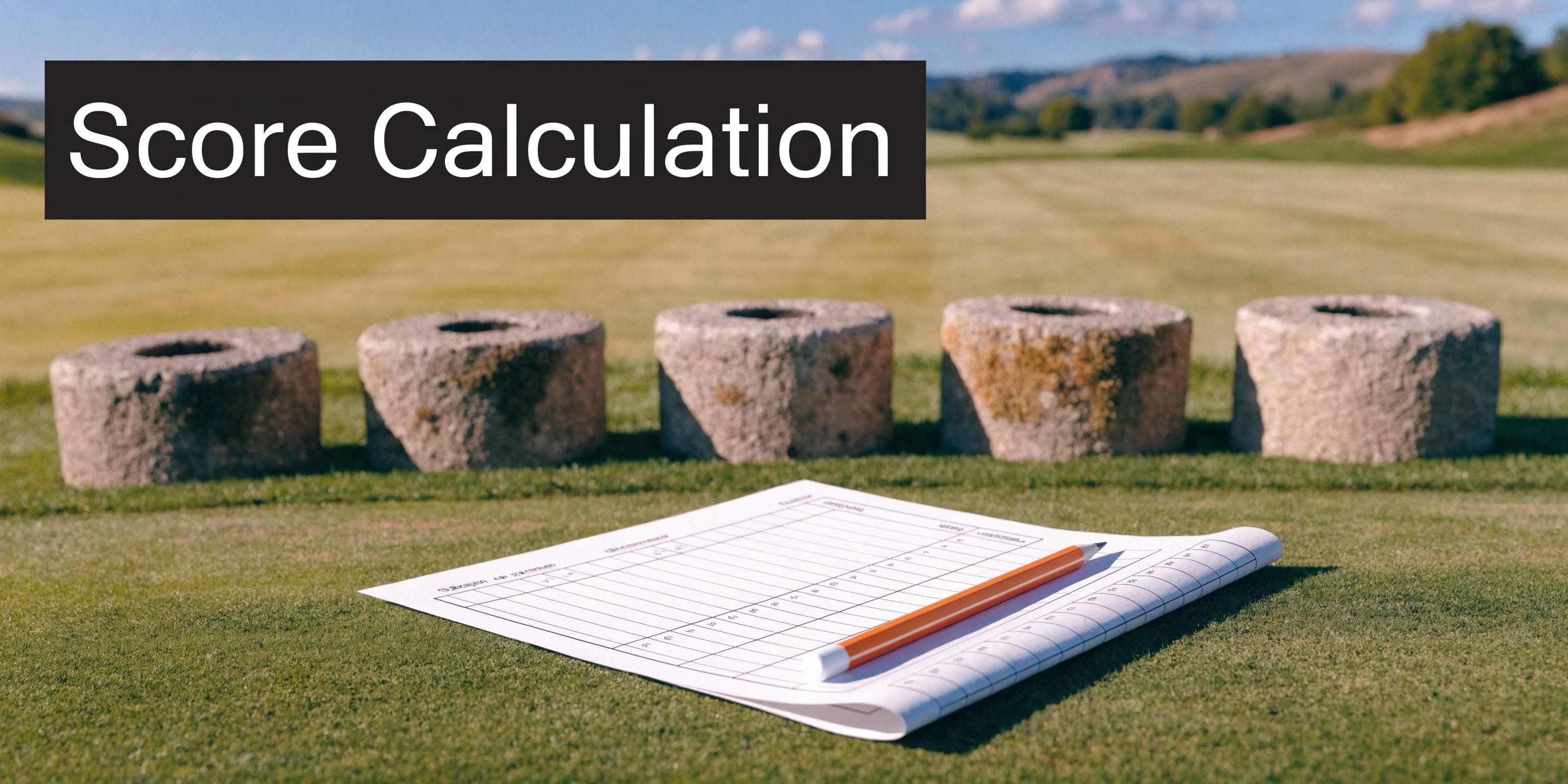 A golf scorecard and a pencil resting on a green course with five stone markers.