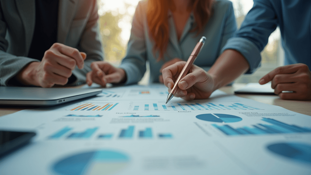 Close-up view of a marketing team collaborating over digital campaign strategies