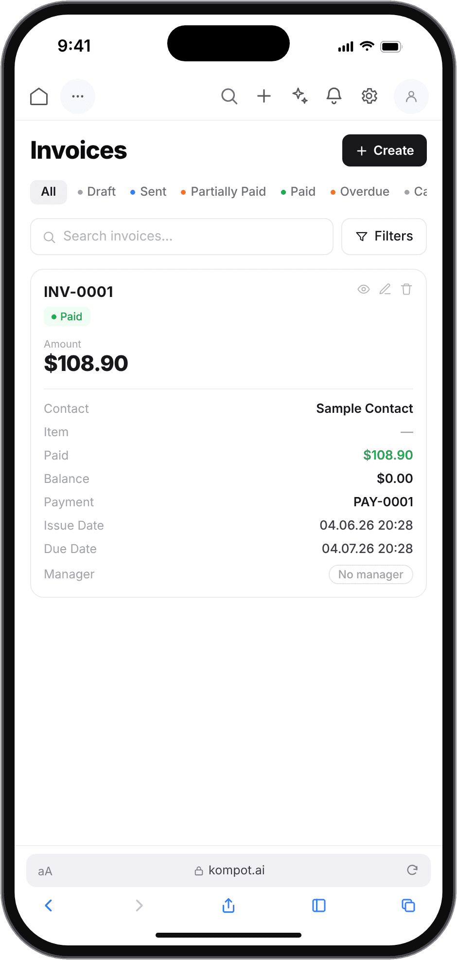 Mobile design mockup — Invoices