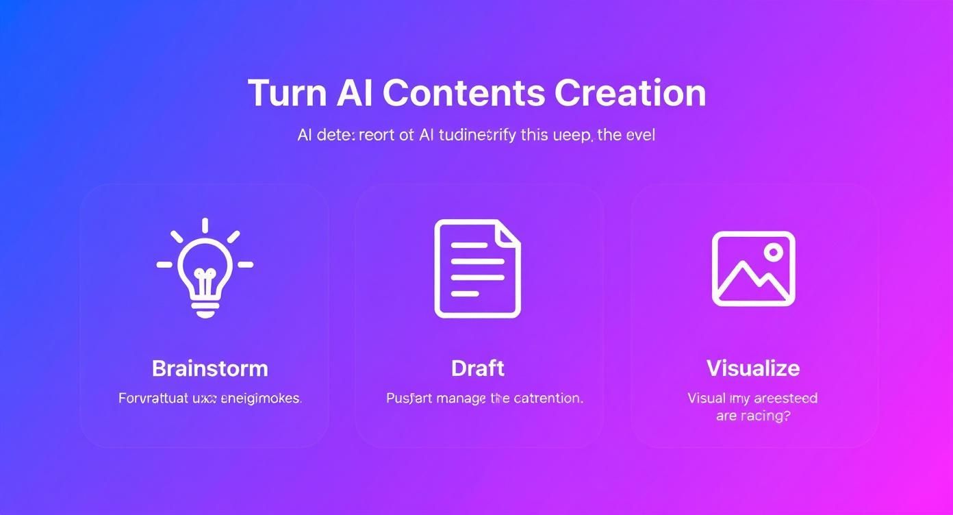 A purple gradient background displays three cards detailing AI content creation steps: brainstorm, draft, and visualize.