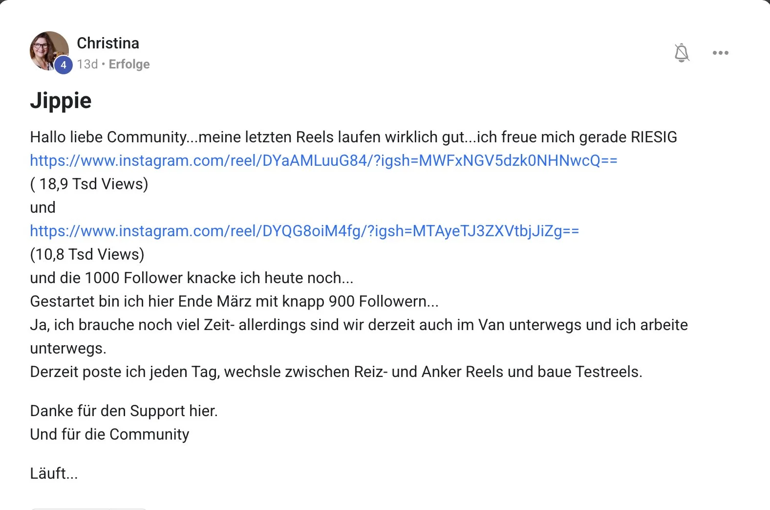 Mitglied der KI Creator Akademie: Christinas Reels laufen stark, kurz vor 1.000 Followern