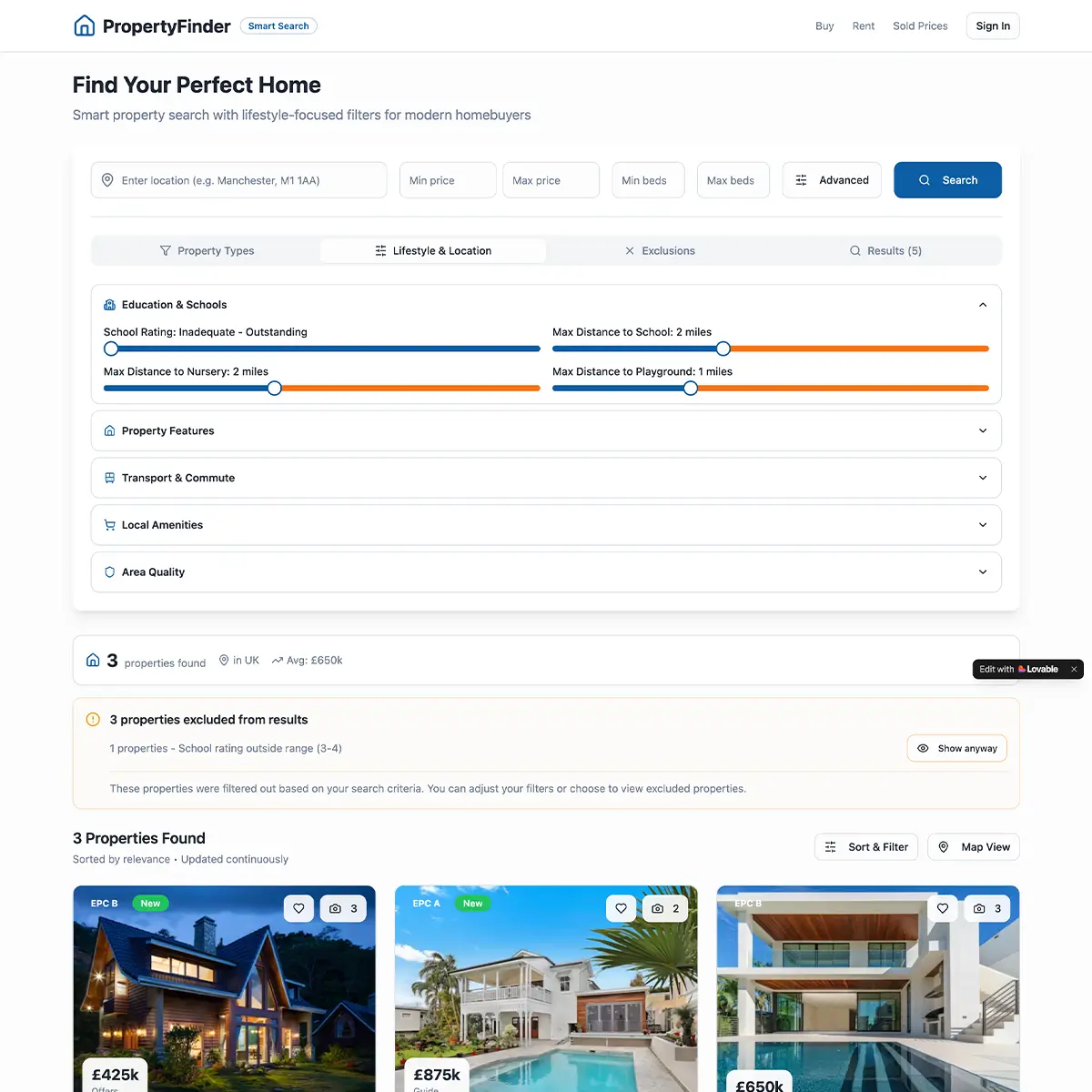 image of property search prototype using advanced filtering