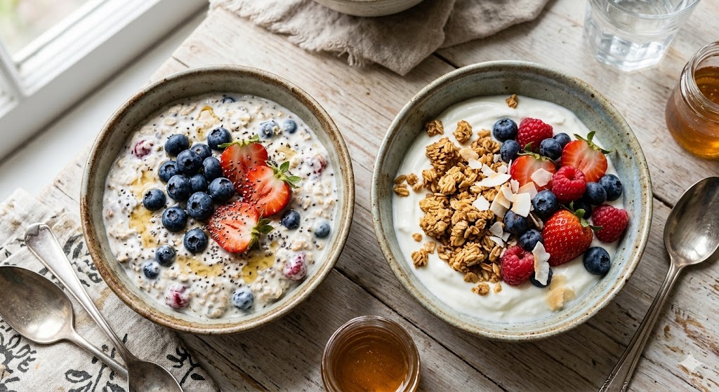 Top-down view comparing two healthy breakfast options. On the left is a ceramic bowl filled with creamy overnight oats, Greek yogurt, chia seeds, fresh blueberries, and sliced strawberries. On the right is a bowl of Greek yogurt topped with crunchy golden granola clusters and mixed fresh berries. Both bowls are on a rustic wooden table with spoons and honey.