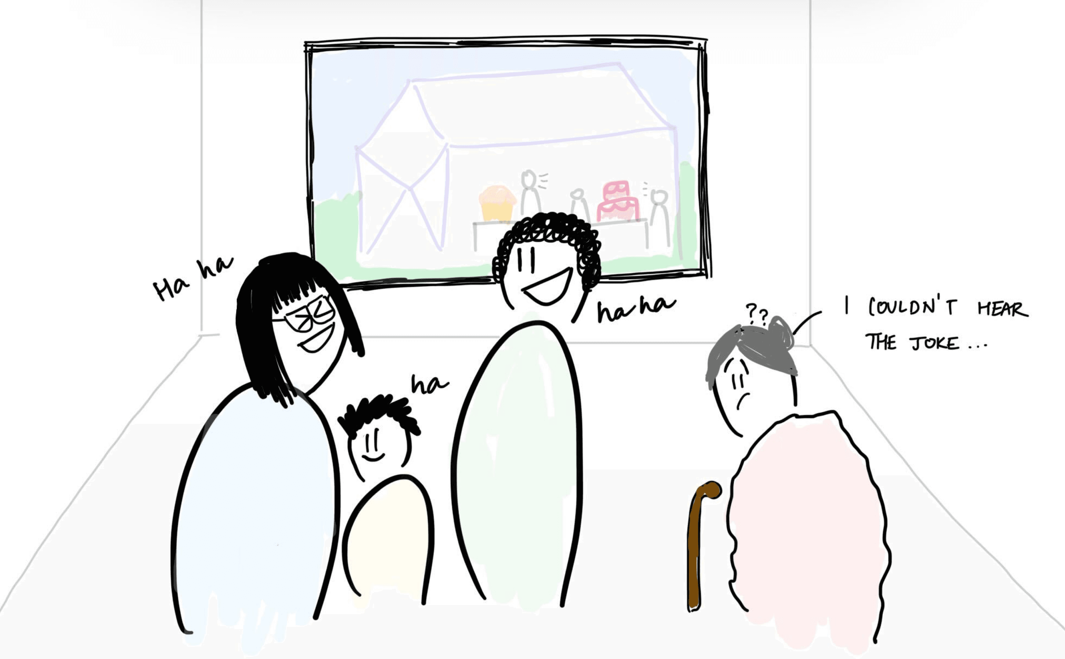 An illustration of a family watching TV together; most of them are laughing, but the grandmother is confused because she can't hear the joke.