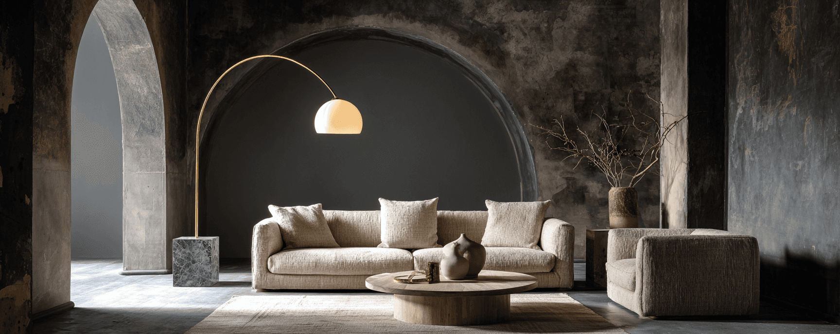 A living room with furniture and a large round window.