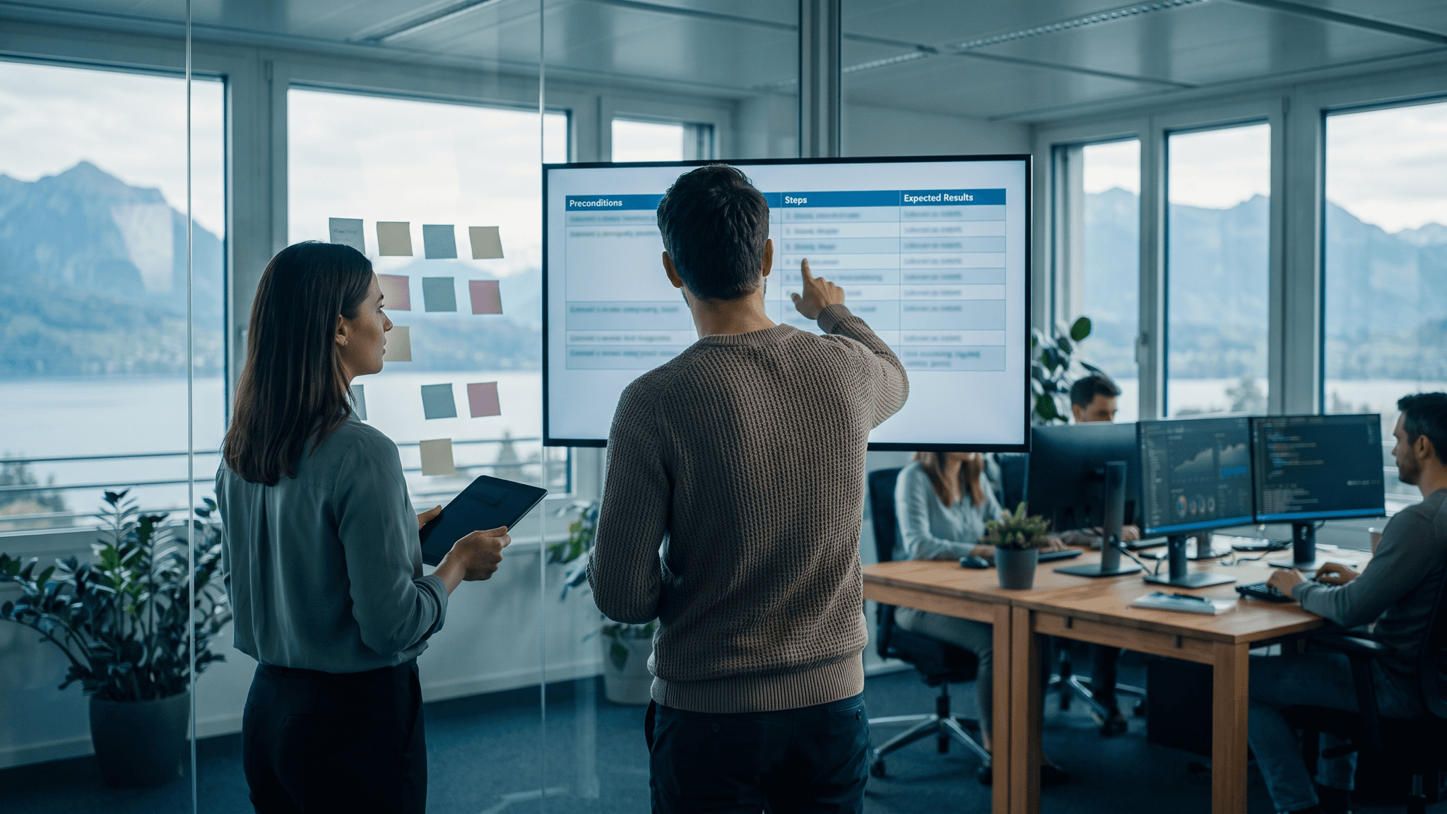 Test analyst and developer reviewing a table of preconditions, steps and expected results on a wall screen
