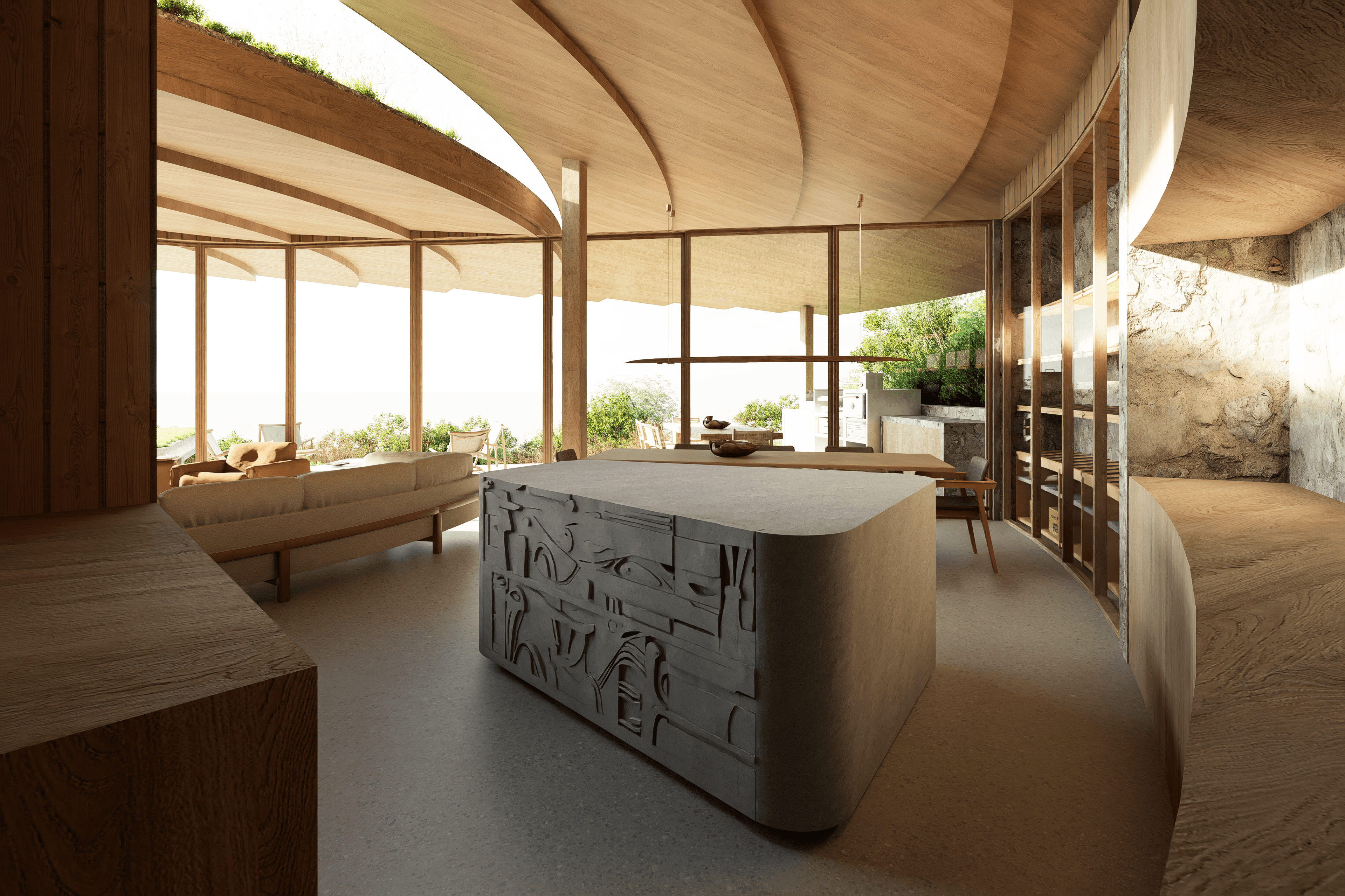 Casa interior at Mirador de Izki: stone island, curved timber ceiling, glass walls onto the landscape. Architecture by Leinemann | Ortiz.