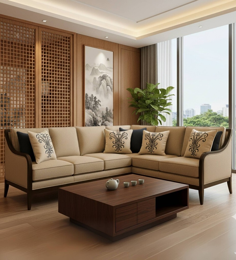 Luxury contemporary cane sofa with teal upholstery and wooden frame