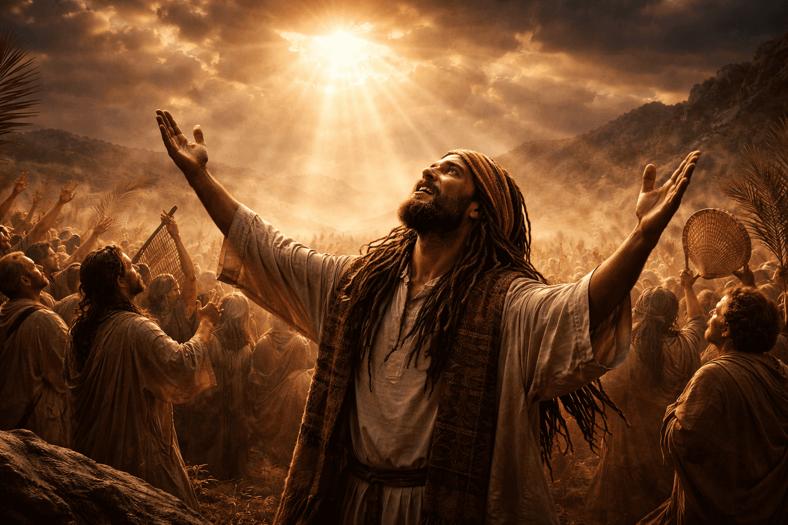Cinematic image of people lifting their hands in worship beneath radiant light, symbolising Jah as one of the oldest biblical names for God