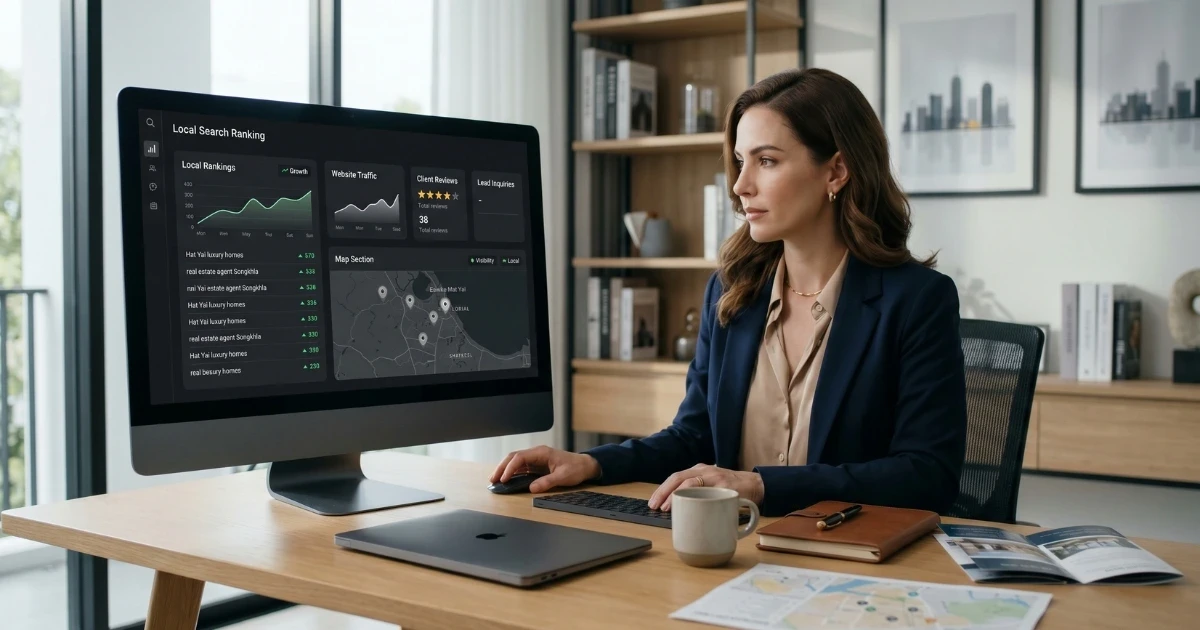 A real estate agent analyzing local search traffic and Google rankings on a desktop computer.