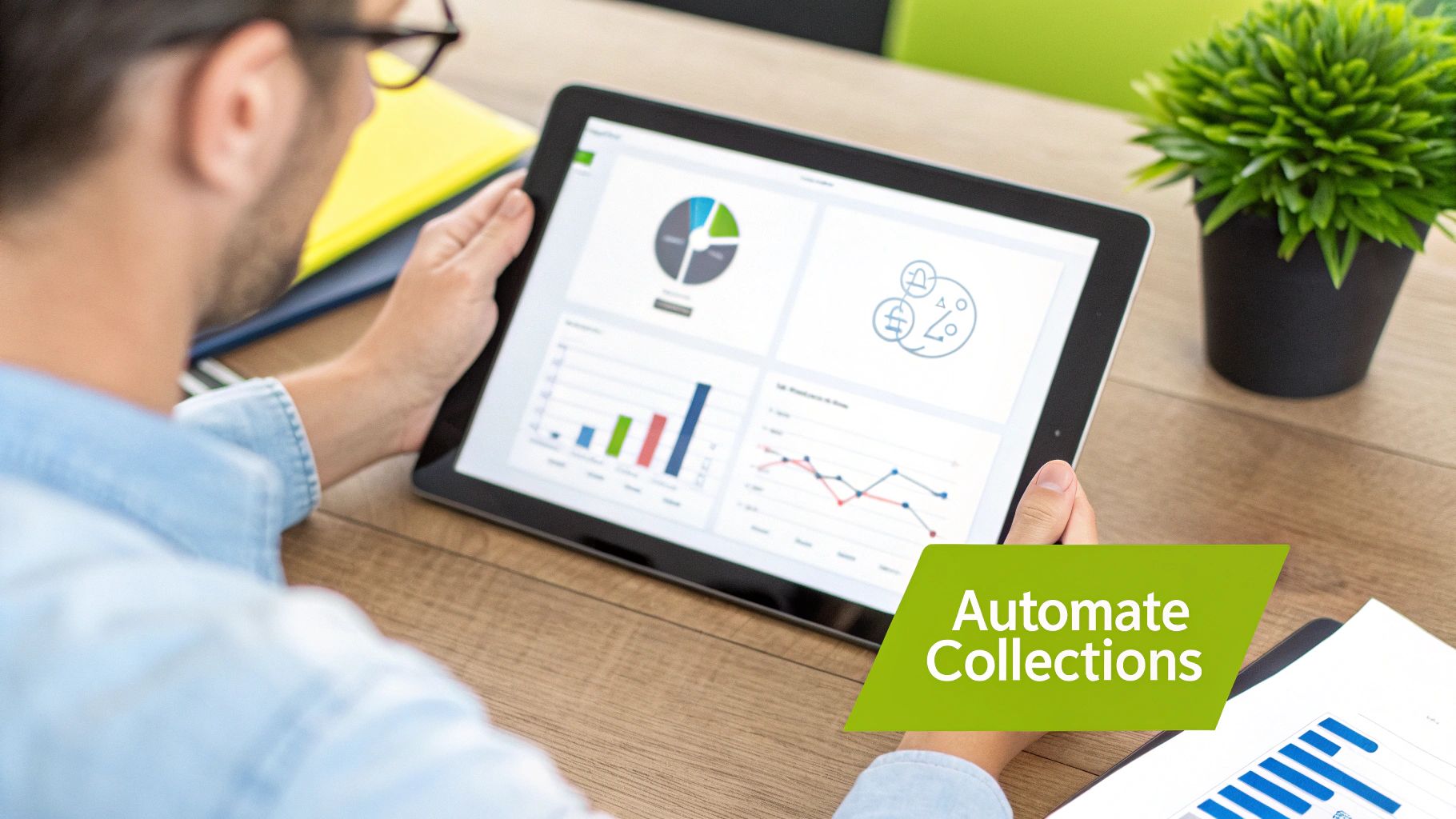 A person views a tablet displaying business dashboards with charts and graphs, and the text 'Automate Collections'.