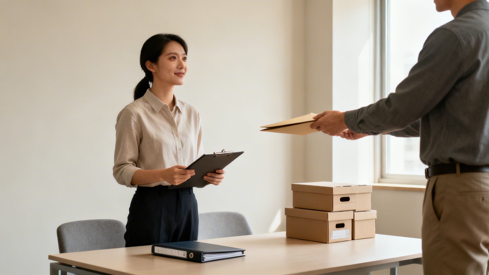 En leende kvinna håller en urklippstavla och tar emot dokument från en man i en kontorsmiljö. Det finns kartonger och en pärm på bordet.