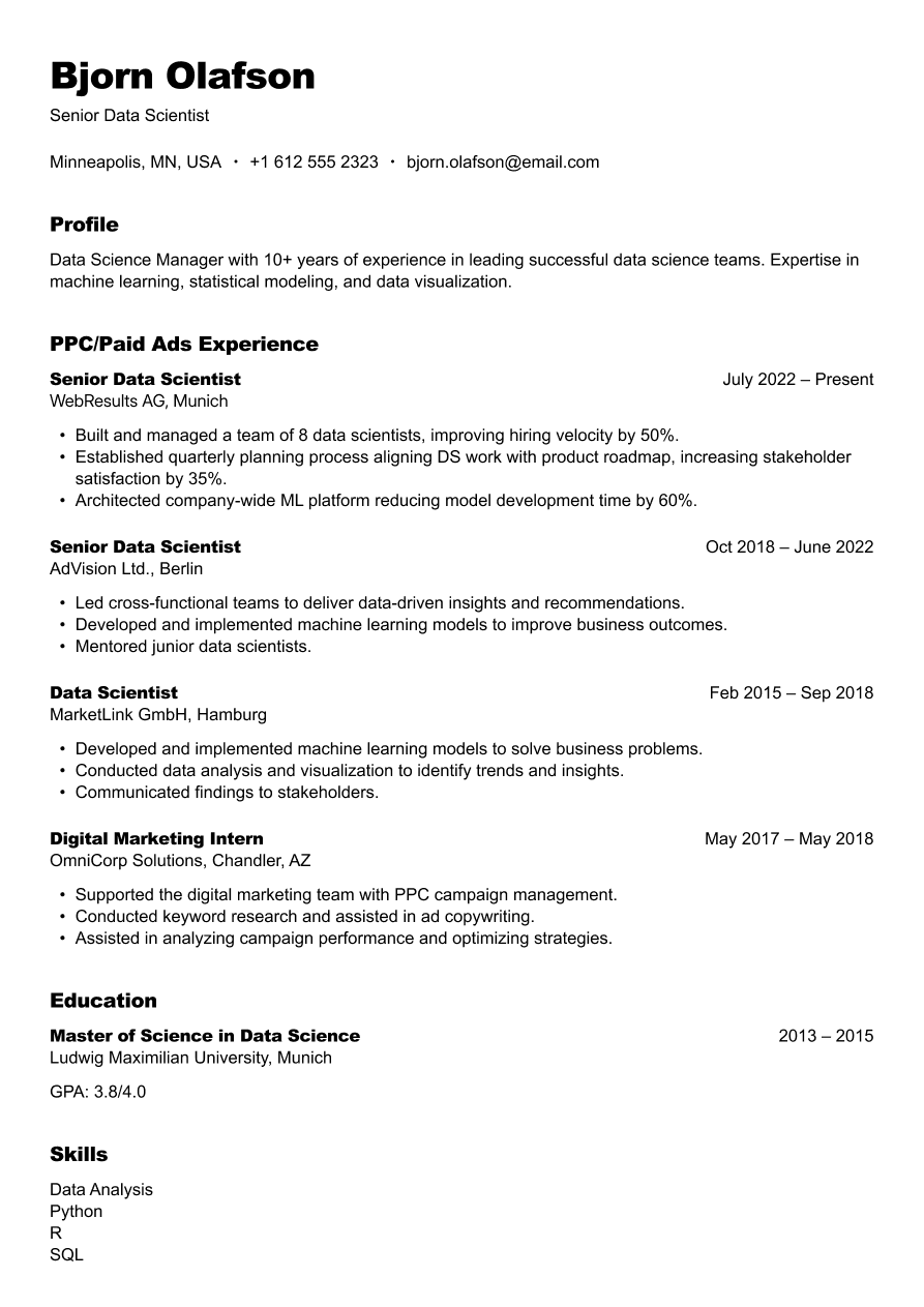 Senior data scientist resume example emphasizing leadership and impact