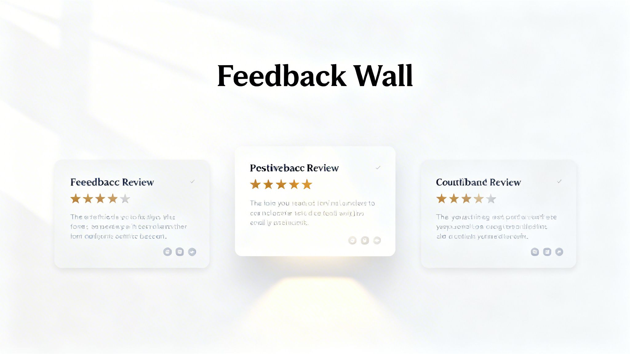 A feedback wall displaying three customer review cards with star ratings and placeholder text.