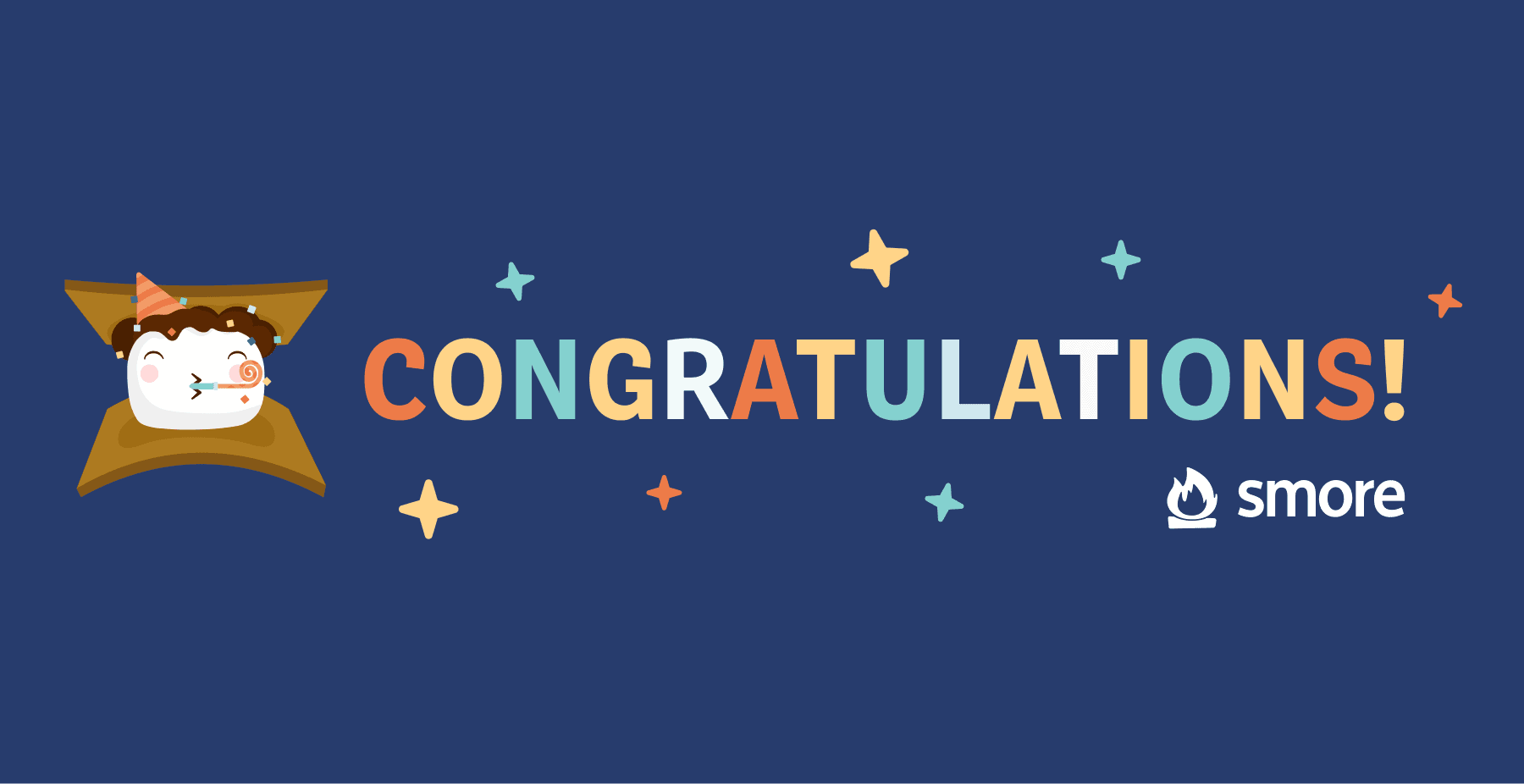 Fun, cute, illustration and branding for an education B2B and B2C brand. A smiling marshmallow character wears a party hat.