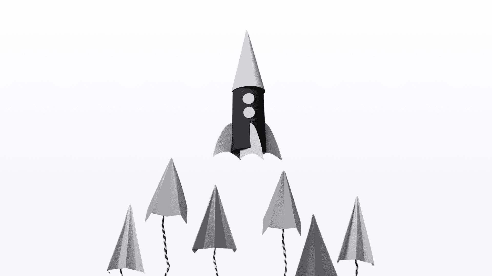 A yellow and blue paper rocket stands above six paper airplanes in green, pink, and blue on a black background, symbolizing leadership and innovation, much like biomanufacturing automation solutions soaring above conventional methods.