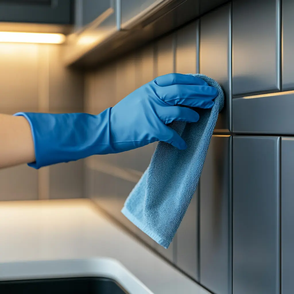 A hand holding a blue microfiber cloth, cleaning the backsplash in a kitchen