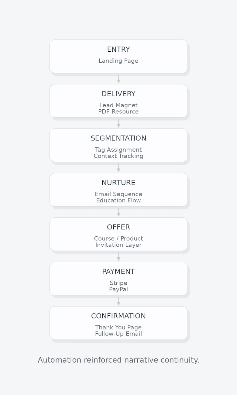 Automation systems flow diagram showing a sequence from Entry and Delivery through Segmentation, Nurture, Offer, Payment, and Confirmation.