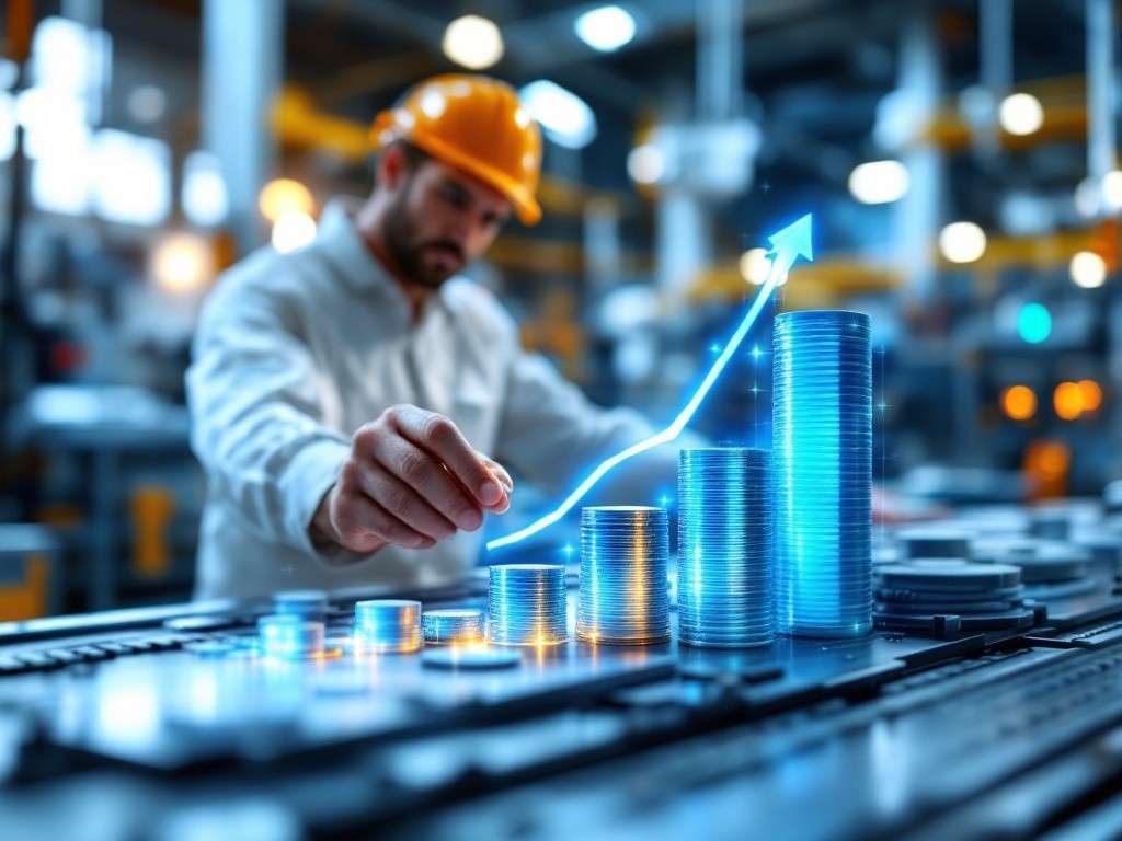 A worker in a factory is touching a holographic projection of a bar graph that is increasing, showing financial growth.