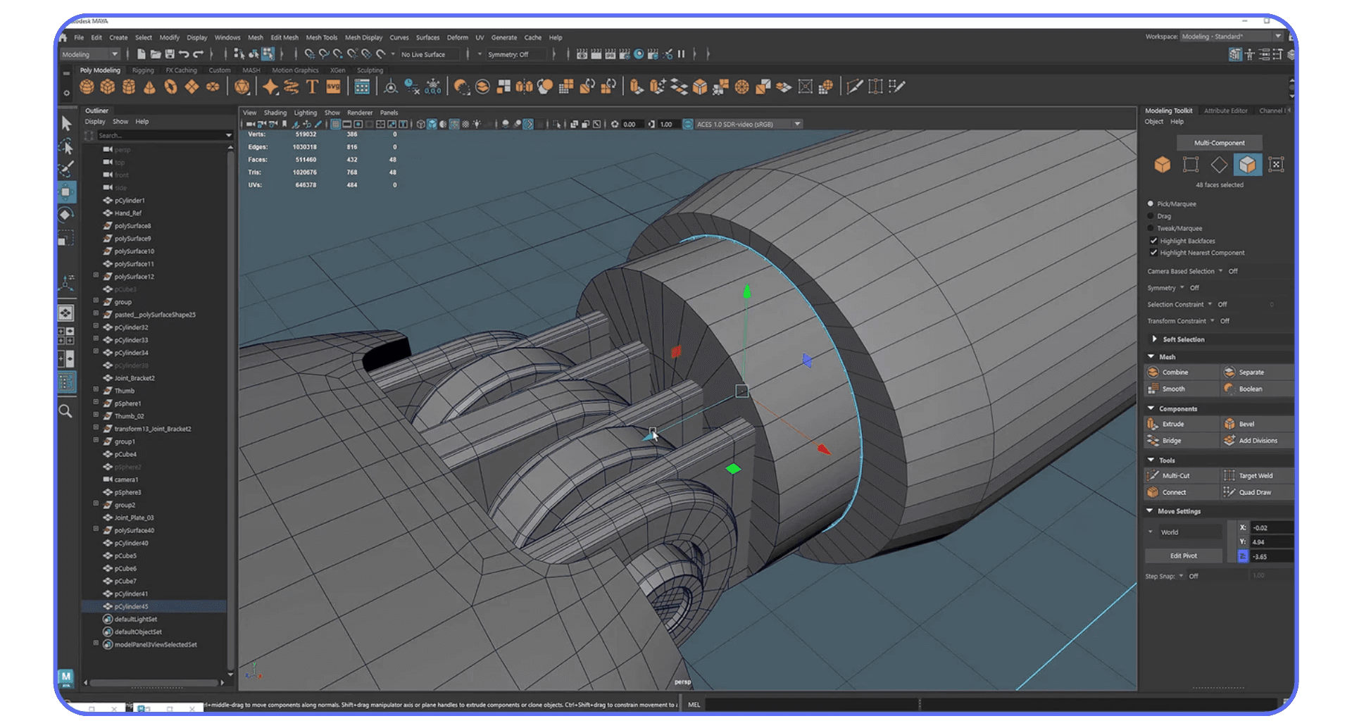 Close-up of mechanical 3D model geometry built in Autodesk Maya 3D software.
