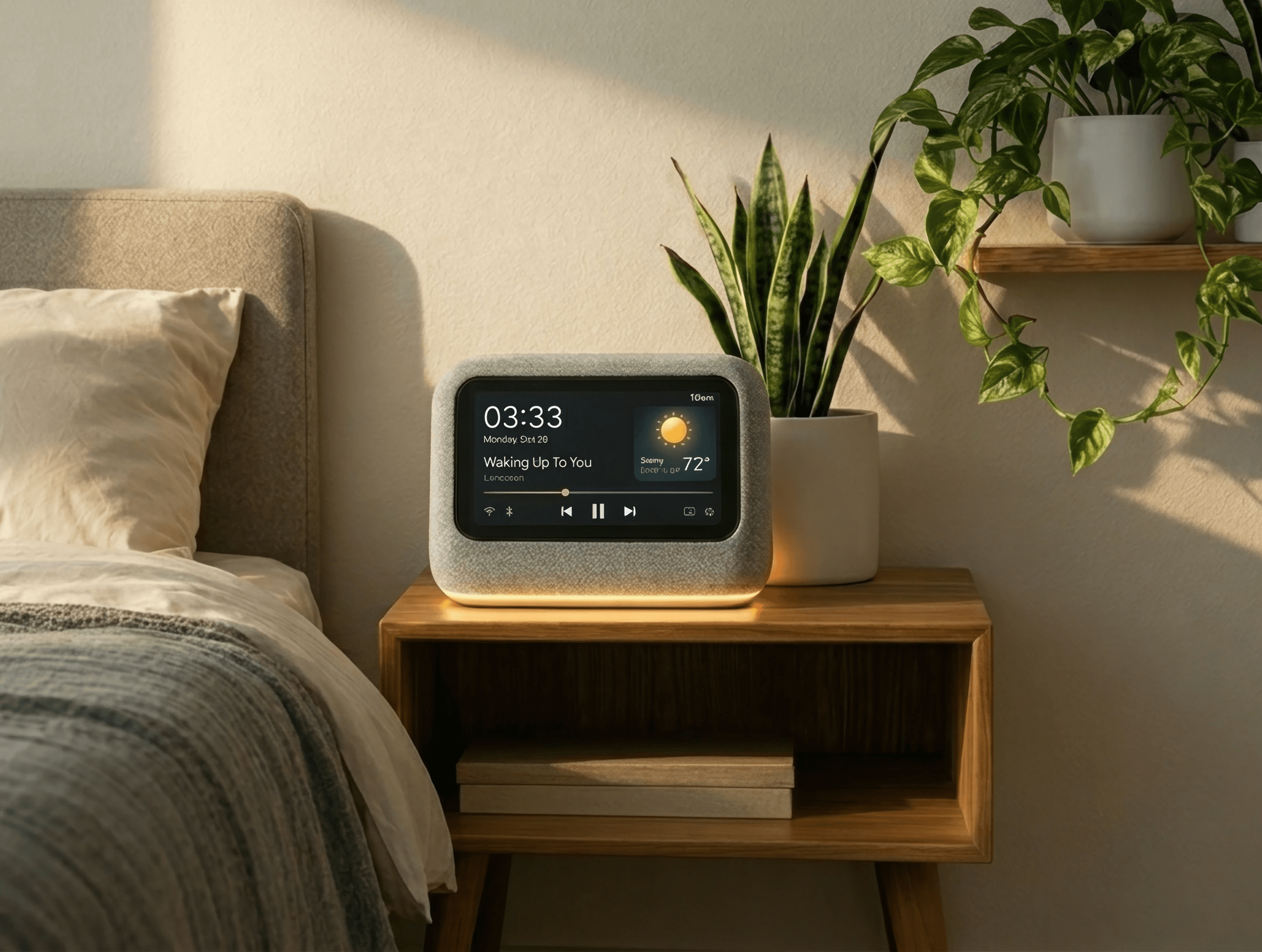 Smart clock displaying time, weather, and music controls