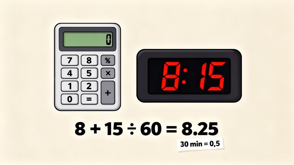 A calculator and a digital clock displaying 8:15, showing a time to decimal conversion formula.