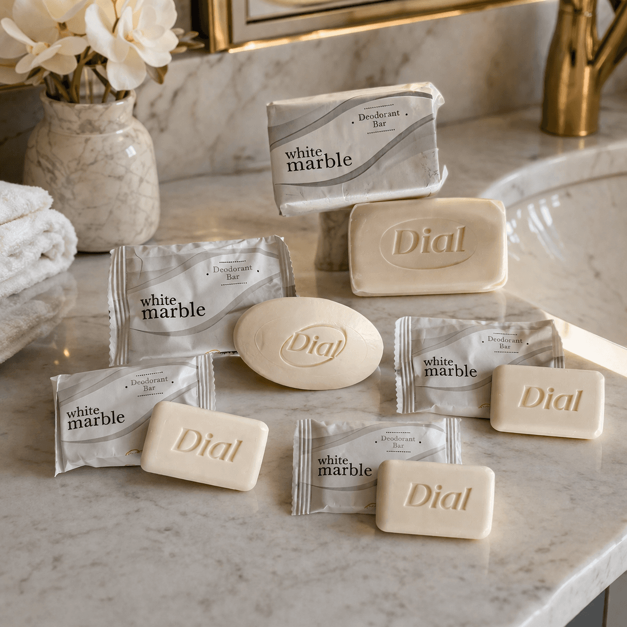 Bar soap deodorant by Transmacro Amenities placed on a white marble tray near a hotel bathroom sink with clean, bright lighting