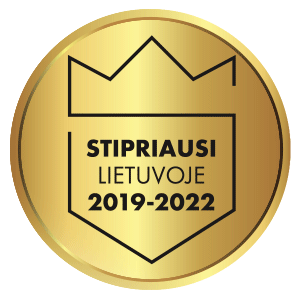 Auksinis ženklelis su užrašu „Stipriausias Lietuvoje 2019–2022“, žymintis stiprumo ir patikimumo įvertinimą.
