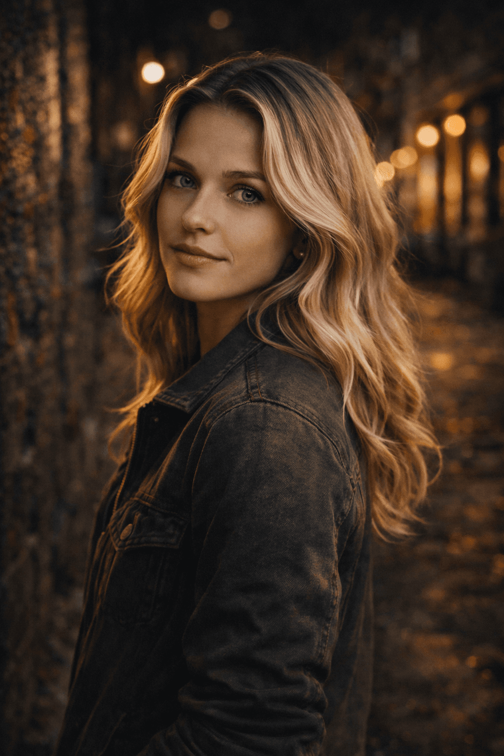 A woman with wavy blonde hair wearing a denim jacket stands in a dimly lit alleyway during the evening, surrounded by glowing streetlights and textured stone walls.
